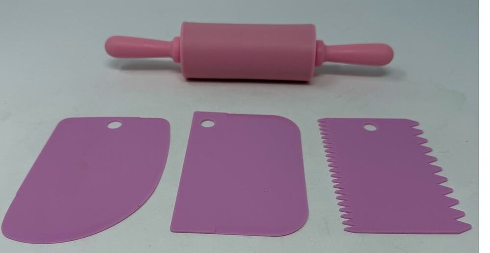 Pink Mini 9" Rolling Pin and Three Cake Scrapers 4 1/4"